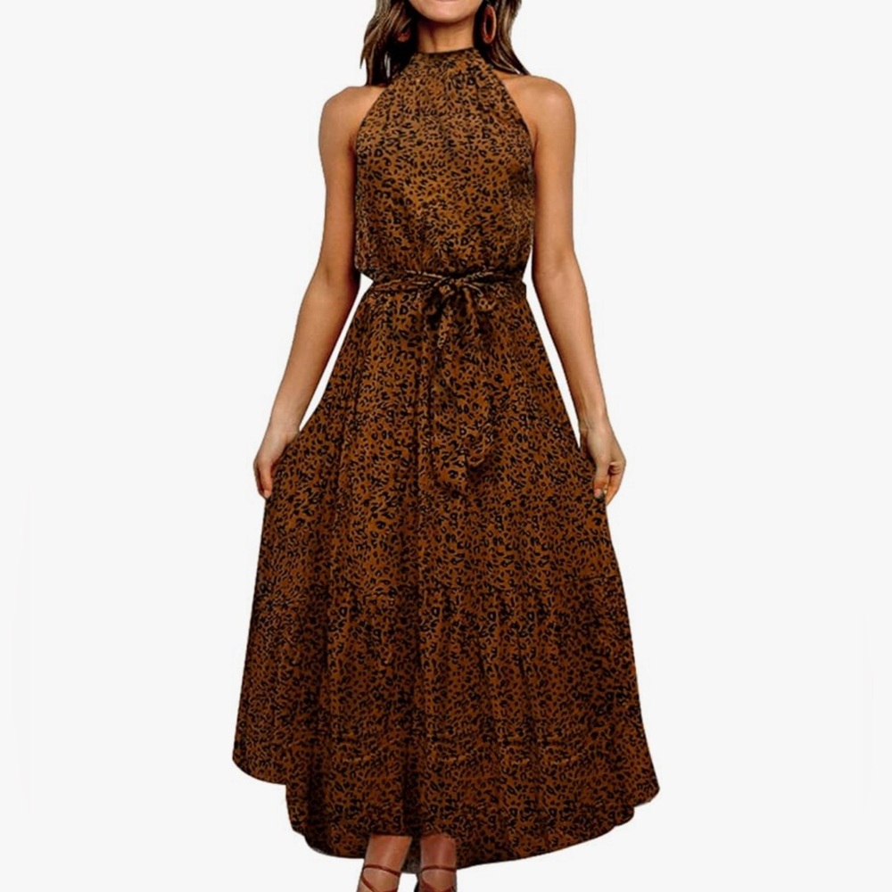 Halter Neck Boho Maxi Backless Sleeveless Leopard Dress with Belt Leopard